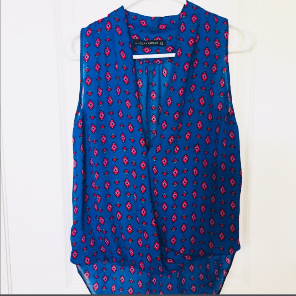 SMALL Zara deep v sleeveless blouse navy and red